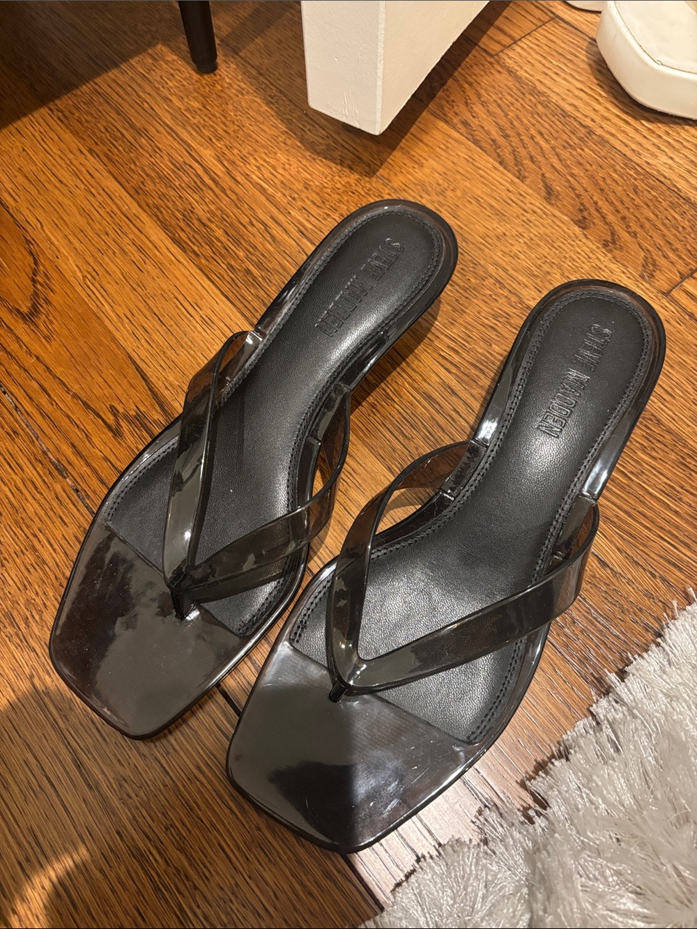 Steve Madden Glossy Black Square-Toe Jelly Thong Sandals